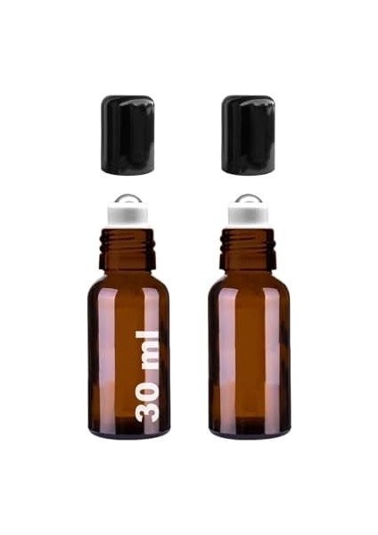 30 ml Çelik Roll On Şişesi 30 cc Sızdırmaz Siyah Kapaklı Cam Şişe 2 Adet (Amber, 30)