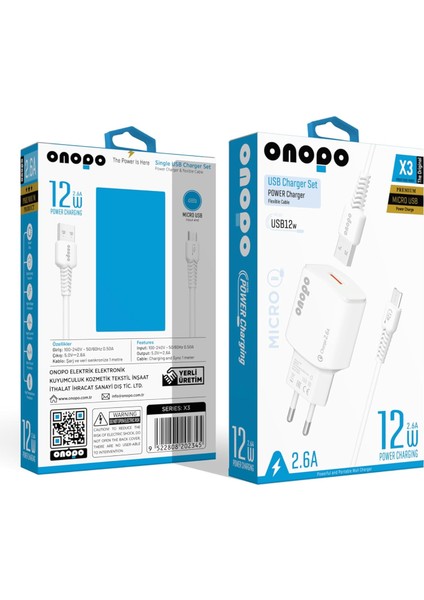 Android Uyumlu Hızlı Şarj Micro USB 2.6A 12W - X3 | Şık Beyaz, Hızlı ve Güvenilir Şarj