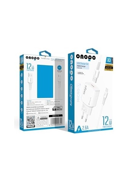 Android Uyumlu Hızlı Şarj Micro USB 2.6A 12W - X3 | Şık Beyaz, Hızlı ve Güvenilir Şarj