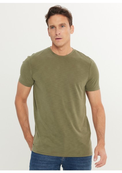 Bisiklet Yaka Düz Haki Erkek T-Shirt ACE091252301_HAK