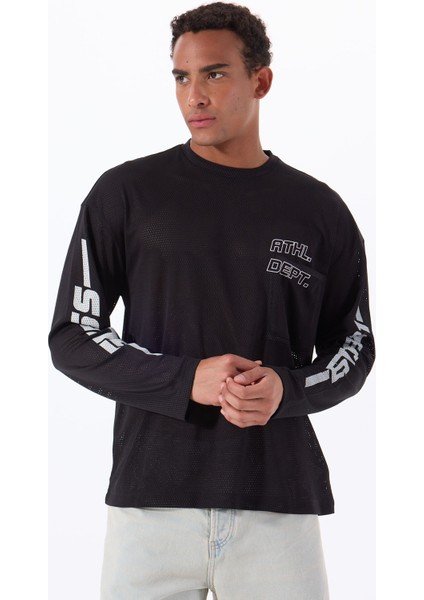 Z5GI12KCR00JBLK Slug Cn Ls T-Shırt Siyah Yuvarlak Oversized Desenli Erkek T-Shirt