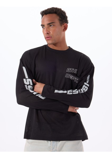 Z5GI12KCR00JBLK Slug Cn Ls T-Shırt Siyah Yuvarlak Oversized Desenli Erkek T-Shirt modelleri