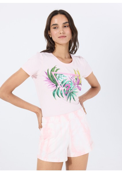 Yuvarlak Yaka Baskılı Pembe Kadın T-Shirt Cn Ss Leaf Trıangle - Mıd Organıc S