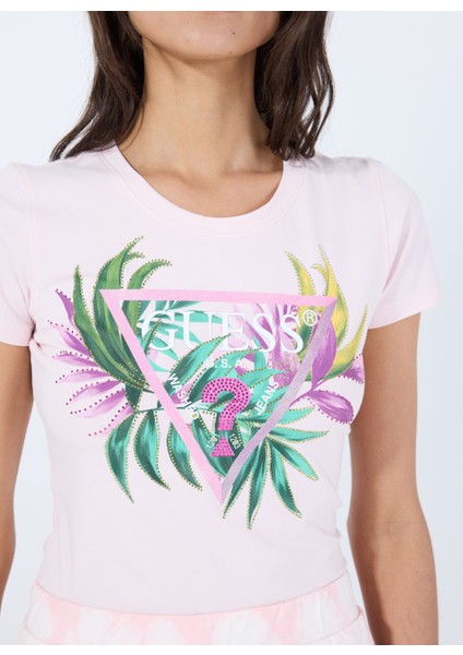 Yuvarlak Yaka Baskılı Pembe Kadın T-Shirt Cn Ss Leaf Trıangle - Mıd Organıc S fırsatları