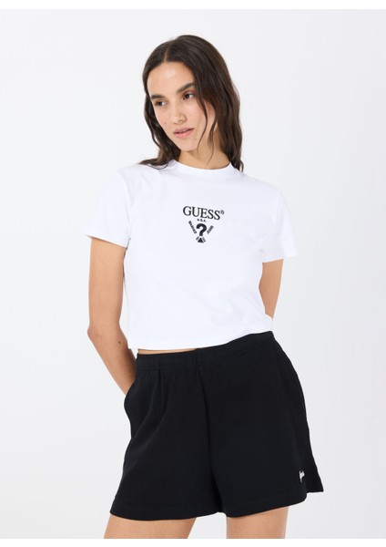 V4YI20KCDH1G011 Colette Crop Tee Beyaz Yuvarlak Yaka Box Fit Desenli Kadın T-Shirt