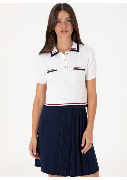 Polo Yaka Slim Fit Beyaz Kazak Kadın Brenda