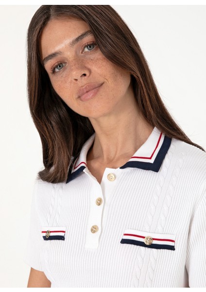 Polo Yaka Slim Fit Beyaz Kazak Kadın Brenda fiyatları