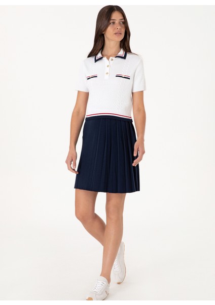 Polo Yaka Slim Fit Beyaz Kazak Kadın Brenda fırsatları