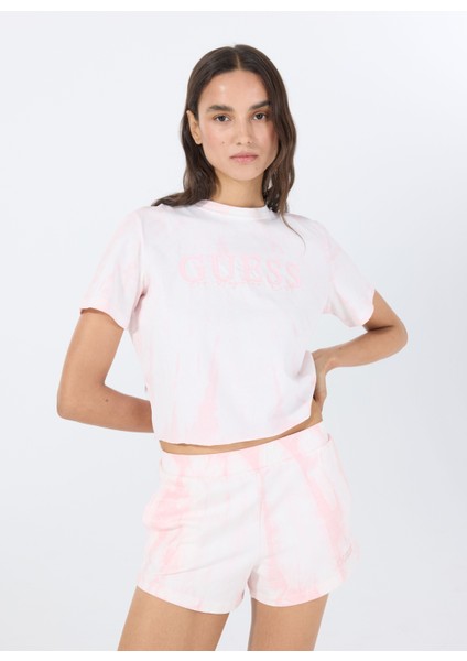 V5GI19I3Z14F6EX Genzıana Crop Tee Pembe Yuvarlak Yaka Box Fit Desenli Kadın T-Shirt