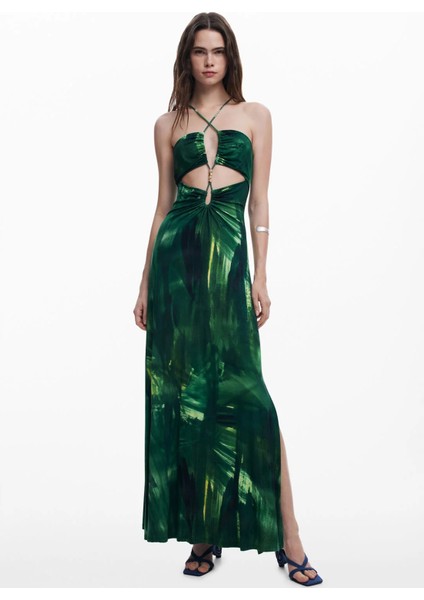 Straplez Yaka Desenli Yeşil Uzun Kadın Elbise 25SWVK55