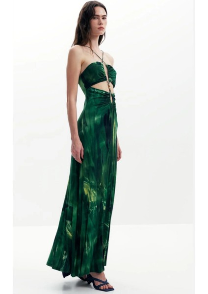 Straplez Yaka Desenli Yeşil Uzun Kadın Elbise 25SWVK55 fiyatları