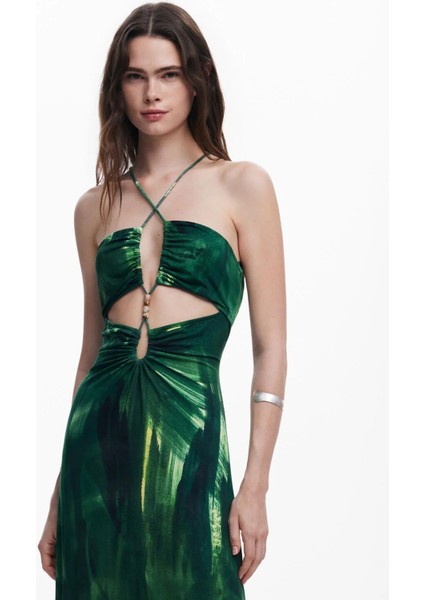 Straplez Yaka Desenli Yeşil Uzun Kadın Elbise 25SWVK55 modelleri