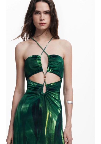 Straplez Yaka Desenli Yeşil Uzun Kadın Elbise 25SWVK55 fırsatları