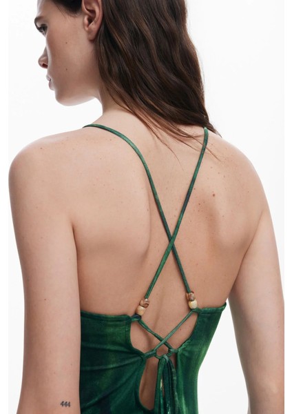 Straplez Yaka Desenli Yeşil Uzun Kadın Elbise 25SWVK55 indirimleri