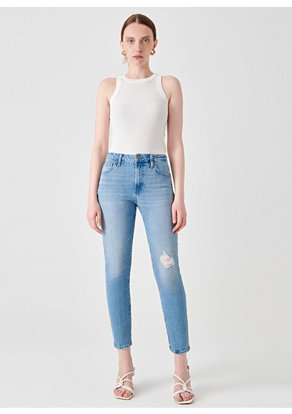 Yüksek Bel Düz Paça Slim Fit Açık Indigo Kadın Denim Pantolon DT11123