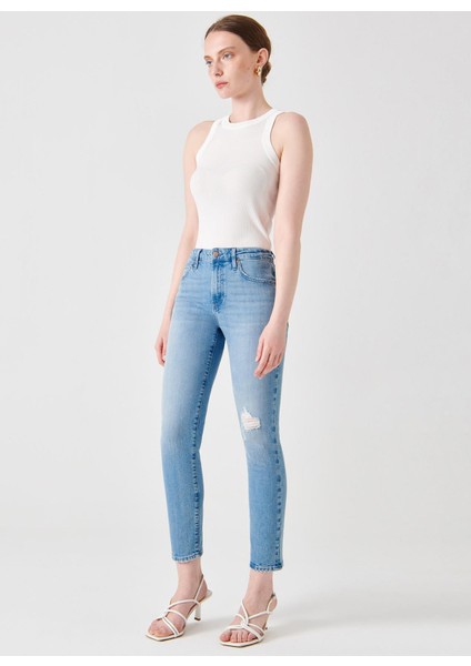 Yüksek Bel Düz Paça Slim Fit Açık Indigo Kadın Denim Pantolon DT11123 fiyatları