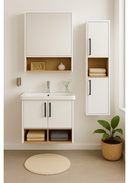 Legna 65 cm Beyaz-Ahşap Renkli Mdf, Seramik Lavabolu Alt - Üst ve Boy Dolaplı Banyo Dolabı Seti modelleri