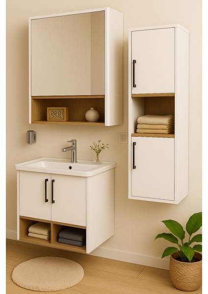 Legna 65 cm Beyaz-Ahşap Renkli Mdf, Seramik Lavabolu Alt - Üst ve Boy Dolaplı Banyo Dolabı Seti fırsatları