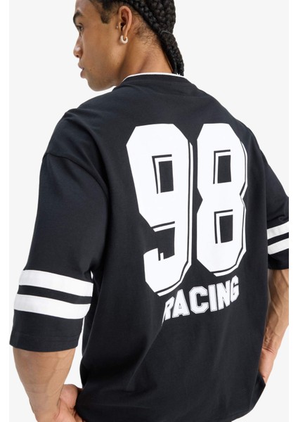 %100 Pamuk Loose Fit Bisiklet Yaka Sırt Baskılı Kısa Kollu Tişört F0188AX25SM