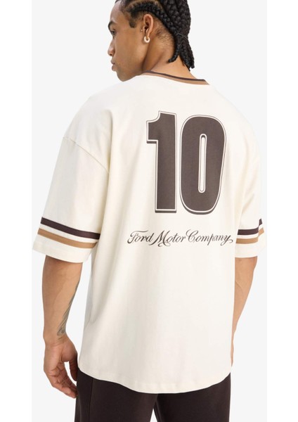 %100 Pamuk Ford Motor Company Loose Fit V Yaka Sırt Baskılı Kısa Kollu Tişört F2883AX25SM