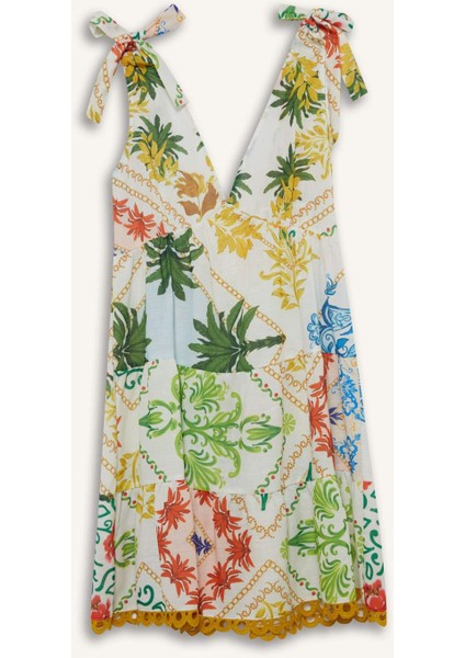 Regular Fit Tropikal Desenli Askılı Plaj Elbisesi-Fall in Love F4535AX25HS