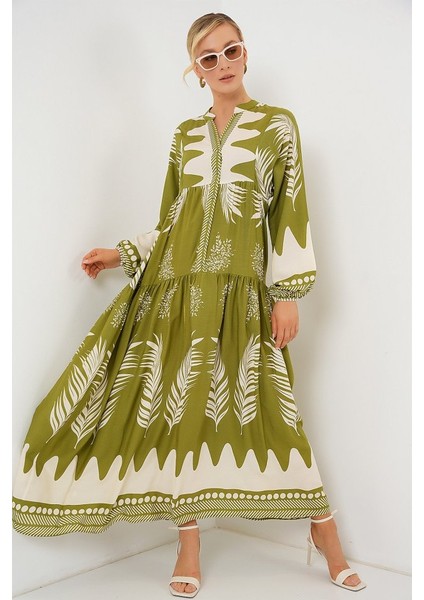 2423 Otantik Desenli Tesettür Elbise - Mint Yeşili modelleri