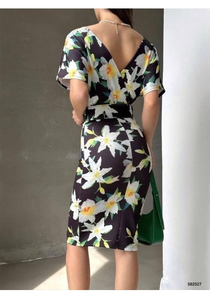 Kadın Dalgıç Kumaş V Yaka Çiçek Desenli Kuşaklı Kalem Elbise modelleri