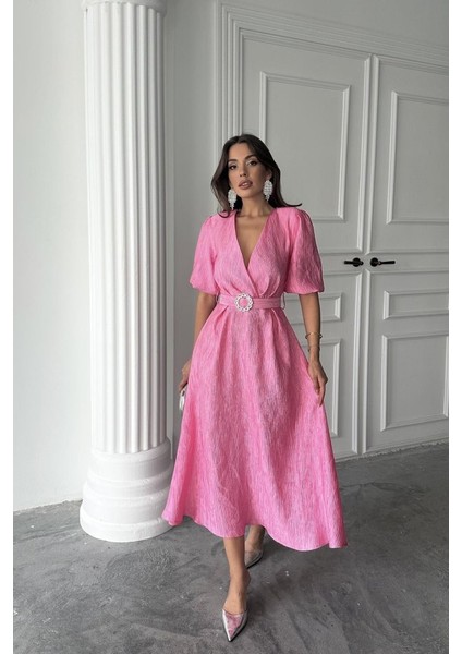 Pembe Işıltılı Kemerli Kruvaze Elbise