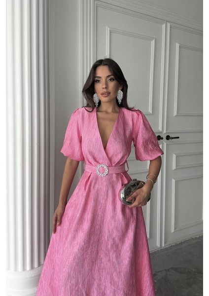 Pembe Işıltılı Kemerli Kruvaze Elbise