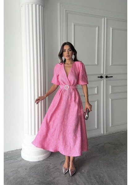 Pembe Işıltılı Kemerli Kruvaze Elbise