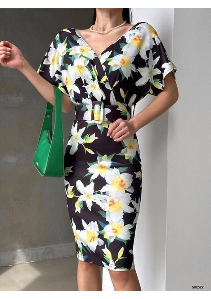 Kadın Dalgıç Kumaş V Yaka Çiçek Desenli Kuşaklı Kalem Elbise