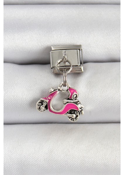 316L Çelik Gümüş Renk Pembe Scooter Model Nomination Charm