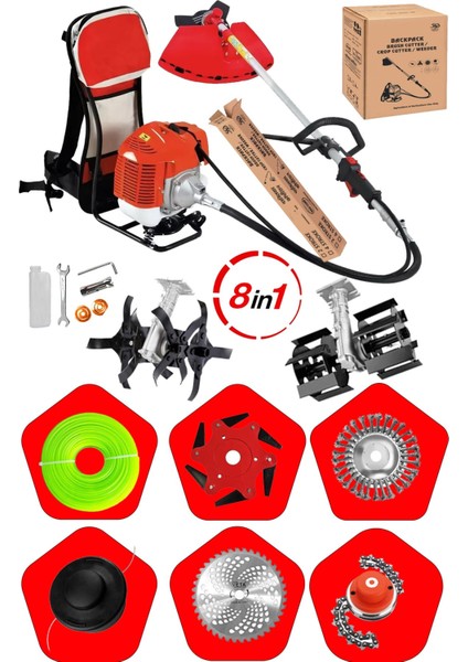 8 Başlıklı Çelik Piston Sırt Tipi Benzinli Motorlu Ot Çalı Tırpanı Çim Biçme Makinesi Tırpan Çapalı