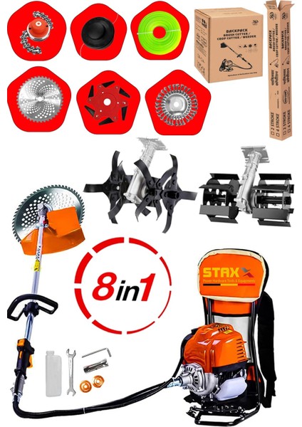 8ın1 Benzinli 20HPX Çim Çayır Ot Biçme Bahçe Bakımı Sırt Tipi Tırpan + 8'li Süper Set Çapa Başlığı