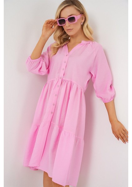 Düğmeli Kısa Kol Elbise 2559 - Pembe