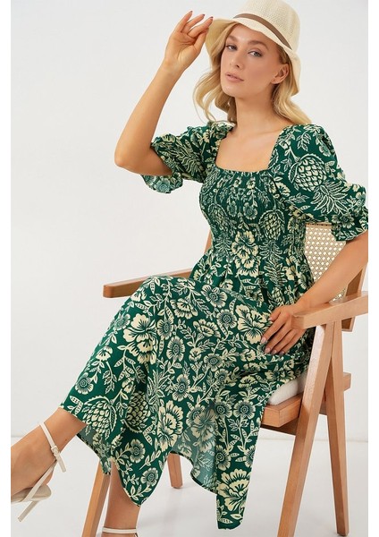 2512 Desenli Yırtmaçlı Elbise - Zümrüt Yeşili fiyatları