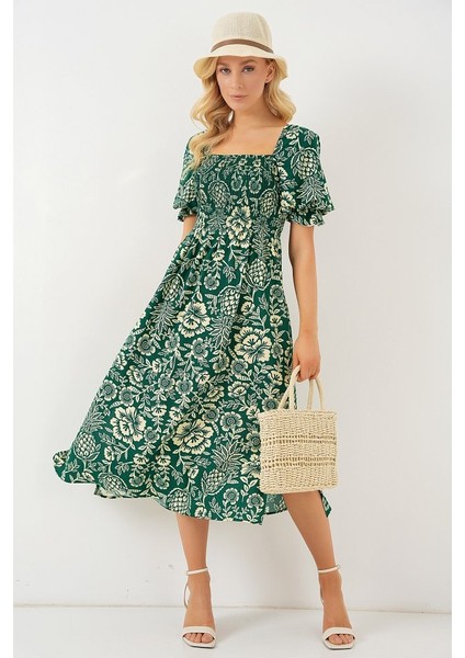 2512 Desenli Yırtmaçlı Elbise - Zümrüt Yeşili modelleri