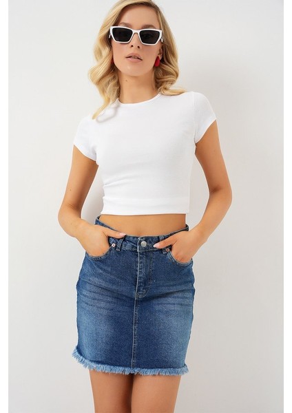 Püsküllü Mini Kot Etek 8051 - Lacivert fırsatları