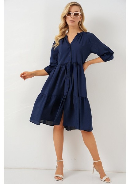 Düğmeli Kısa Kol Elbise 2559 - Lacivert modelleri