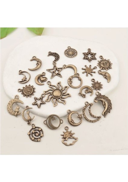 (50 x Adet) 1 Set Karışık Antika Bronz & Simli Güneş & Ay & Yıldız / Bileklik & Küpe & Kolye Ucu