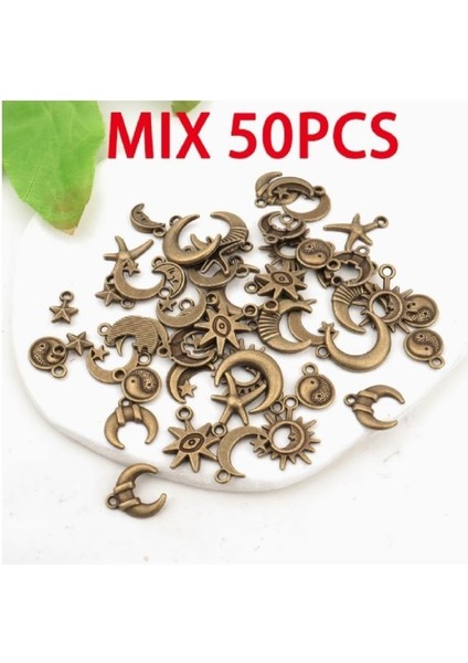 (50 x Adet) 1 Set Karışık Antika Bronz & Simli Güneş & Ay & Yıldız / Bileklik & Küpe & Kolye Ucu fiyatları