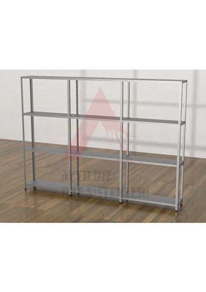 4 Katlı 3'lü Gri Renk Çelik Raf - Depo, Arşiv, Kiler, Dosya, Dosya Rafı 31X93 CM-200 cm
