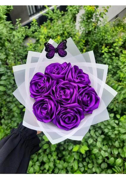 7 Li Solmayan Gül Buketi Mor Gül Dışı Beyaz