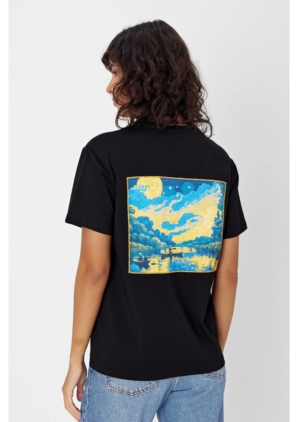 Yapay Zeka Tasarım Sırt Aplike Özel Baskılı %100 Pamuklu Penye Regular Fit T-Shirt (Vangogh)