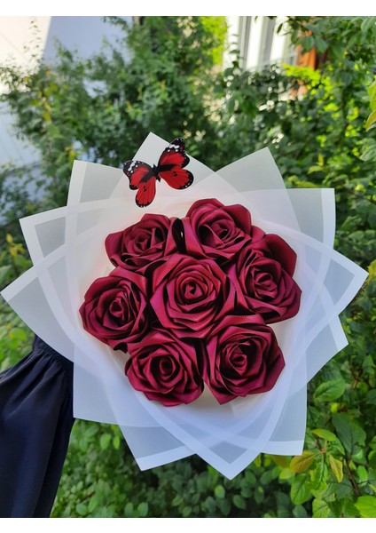 7'li Solmayan Gül Buketi Bordo Gül Dışı Beyaz