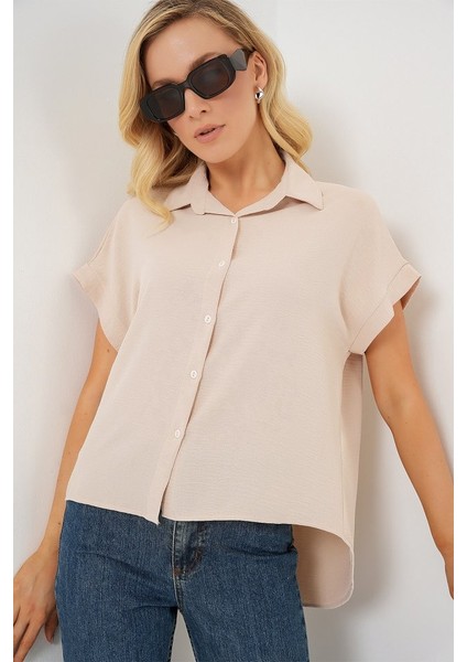 Modamuvo Oversize Kısa Kol Gömlek 20322 - Krem