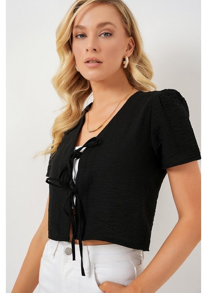 Kısa Kol Crop Bluz 958 - Siyah fırsatları