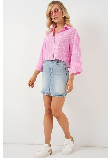 Çizgili Oversize Kısa Gömlek 20326 - Pembe