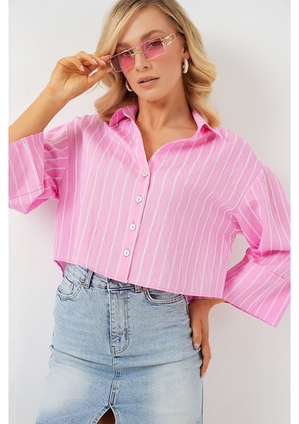 Çizgili Oversize Kısa Gömlek 20326 - Pembe