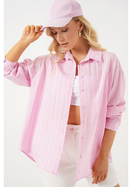 3900 Oversize Kareli Gömlek - Y.pembe